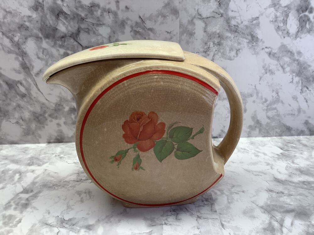 Vintage Ceramic Disc Pitcher - with Lid - Tan with Red Rose Detailing